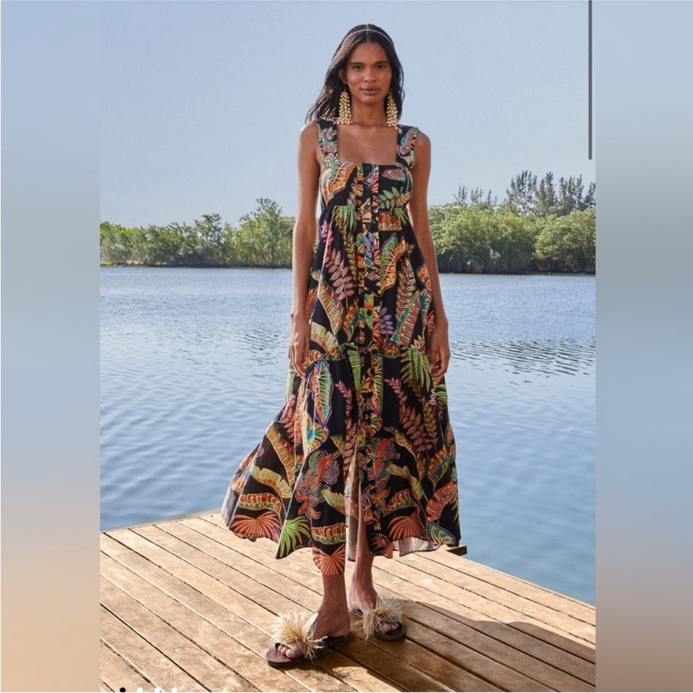 NWT Farm Rio Cool Foliage Black Button Front Maxi Dress